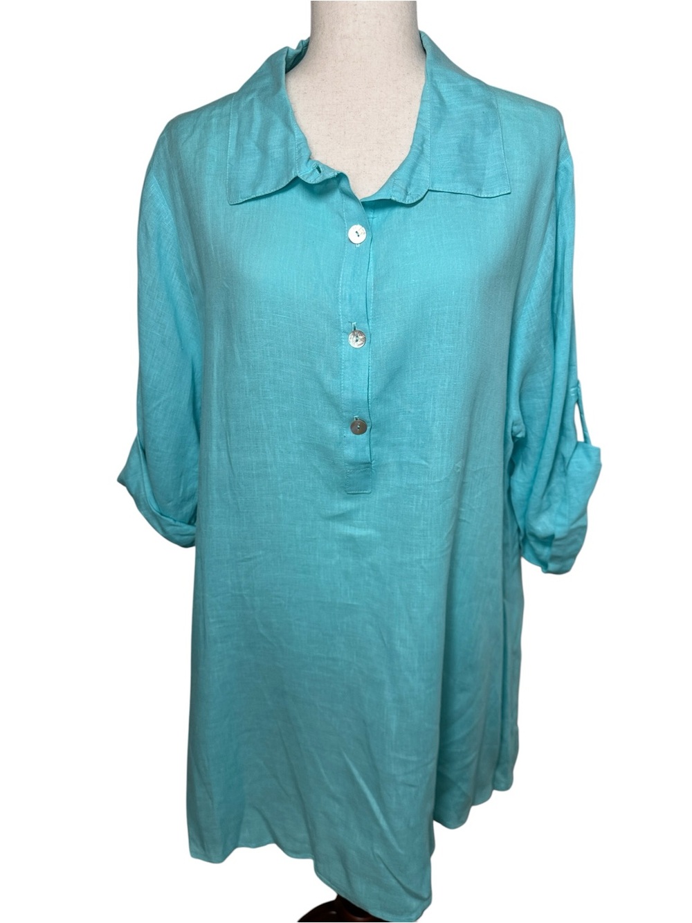 Match Point USA Linen Teal Button Up Roll Tab Tunic Top XL Made in USA